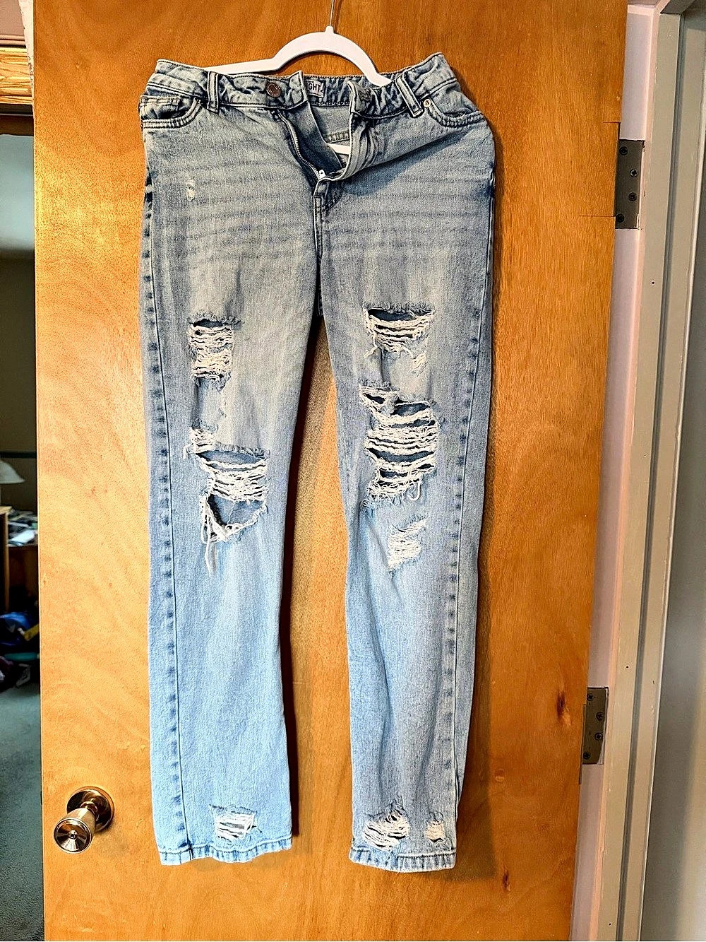 refuge denim Straight High Rise Distressed High Rise Straight Leg Jeans in Blue